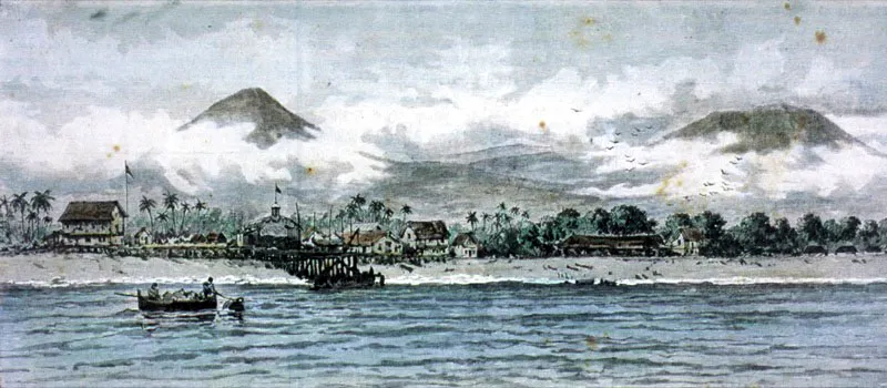 Puerto de San José y volcán de Agua. Grabado en color ca. 1860.