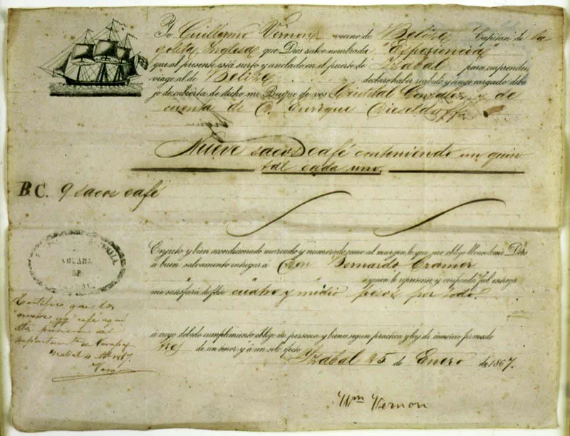 Documento de embarque por el Atlntico, de Heinrich Rudolf Dieseldorff, 1867. 