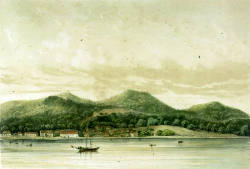 El Puerto de Izabal. Este puerto de entrada por el Atlántico, estaba ubicado en el lado sur del lago de Izabal y comunicaba a través de las Montañas del Mico con Gualán. Grabado de M. van Lockhurst, 1840.