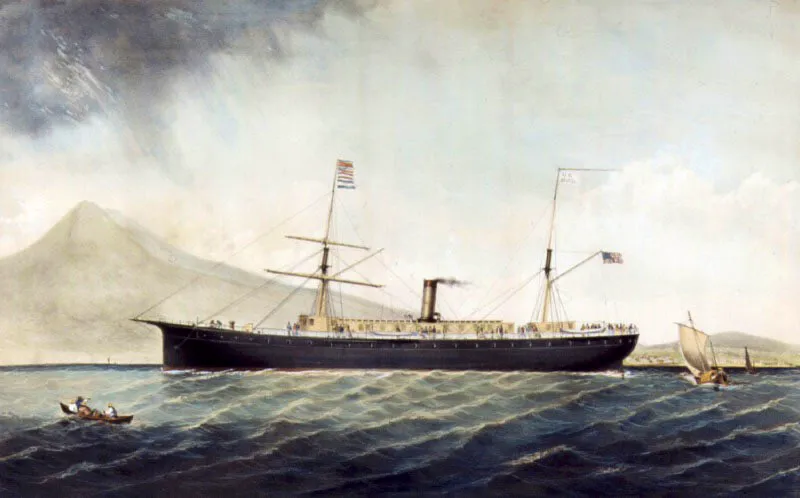 Vapor “Guatemala”, de la Panama Railroad Company, que zarpó del astillero del puerto en Brooklyn, Nueva York, el 5 de enero de 1859. Recogió su primer cargamento en el Puerto de San José en 1859. Prestó servicio hasta su hundimiento en la costa pacífica de México en 1872. Ese año la compañía fue vendida a Pacific Mail Steam Ship Company.