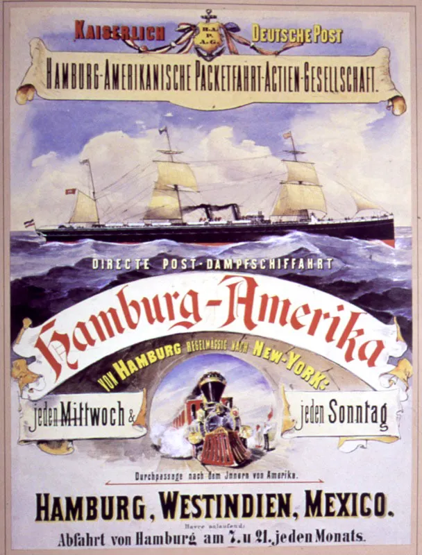 Afiche que anuncia las salidas de los vapores de la línea Hamburgo-América (HAPAG), que hacía el recorrido entre Hamburgo y las Indias Occidentales (Panamá). Dicho servicio jugó un papel importante en las exportaciones de café de Guatemala a Alemania.