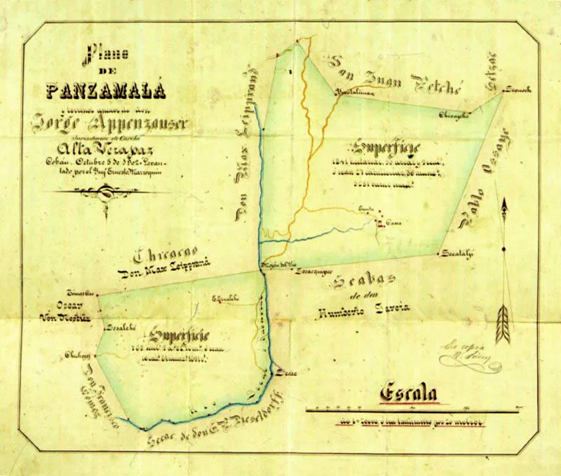 Plano en tela de la finca Panzamal de Jorge Appenzauser, departamento de Alta Verapaz. Ejemplo ilustrativo del resultado de medicin y diseo en un plano de la extensin de una finca, importante para la titulacin de las tierras.
 