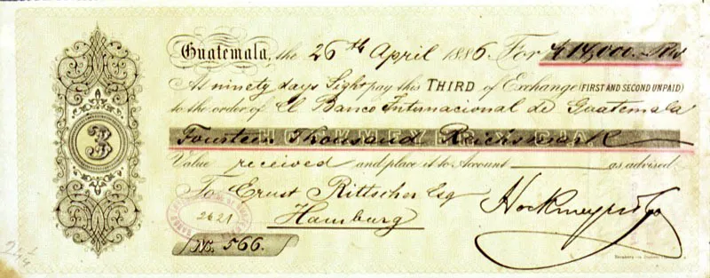 Letras de cambio de la década de 1880. Estos documentos eran instrumentos que servían para agilizar el financiamiento de la caficultura. Los bancos de Hamburgo, Londres y Nueva York otorgaban créditos a los exportadores de café, que, a su vez, daban financiamiento a los productores que podían girar letras de cambio sobre esta línea de crédito.
Firma de: G.I. Hockmeyer