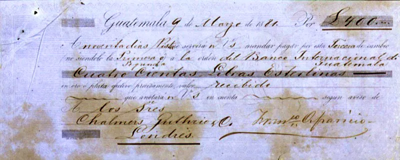  Letras de cambio de la dcada de 1880. Estos documentos eran instrumentos que servan para agilizar el financiamiento de la caficultura. Los bancos de Hamburgo, Londres y Nueva York otorgaban crditos a los exportadores de caf, que, a su vez, daban financiamiento a los productores que podan girar letras de cambio sobre esta lnea de crdito. 
Firma de: Francisco Aparicio 