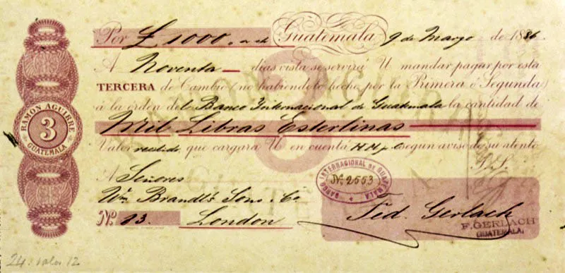 Letras de cambio de la dcada de 1880. Estos documentos eran instrumentos que servan para agilizar el financiamiento de la caficultura. Los bancos de Hamburgo, Londres y Nueva York otorgaban crditos a los exportadores de caf, que, a su vez, daban financiamiento a los productores que podan girar letras de cambio sobre esta lnea de crdito. 
Firma de: Fed. Gerlach 