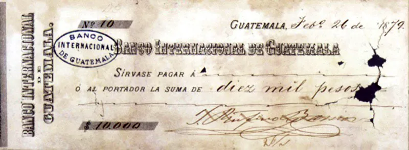 Letras de cambio de la dcada de 1880. Estos documentos eran instrumentos que servan para agilizar el financiamiento de la caficultura. Los bancos de Hamburgo, Londres y Nueva York otorgaban crditos a los exportadores de caf, que, a su vez, daban financiamiento a los productores que podan girar letras de cambio sobre esta lnea de crdito. 
Firma de: Justo Rufino Barrios 