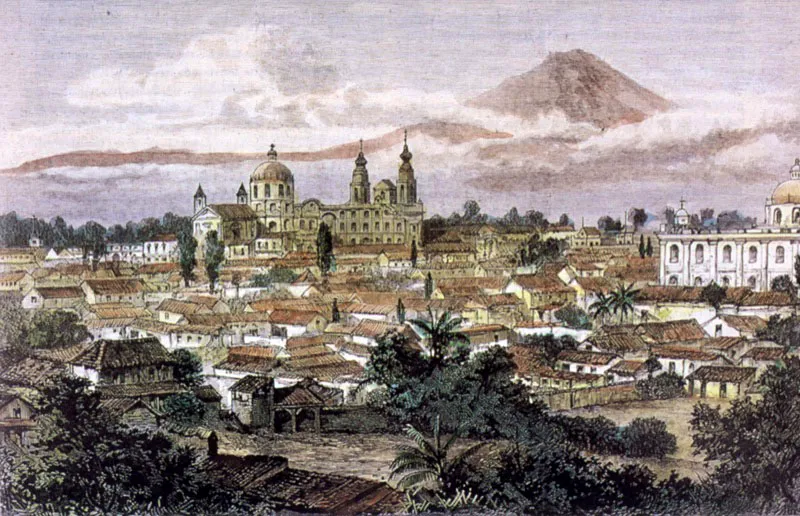 Vista de la ciudad de Guatemala, 1890. Por esta época se inició el auge del café. Grabado tomado de The Illustrated London News.