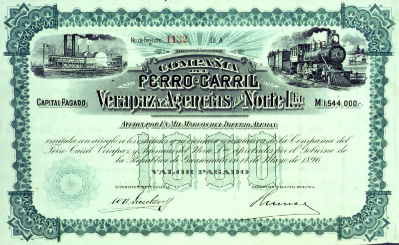 Accin del Ferrocarril Verapaz de 1,000 marcos. 