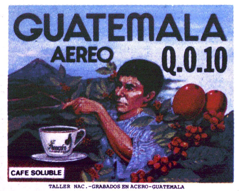 Estampilla postal (1984), que conmemora la invención del café soluble en Guatemala.