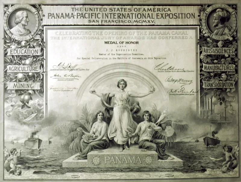 Diploma con la Medalla de Honor, Premio Mundial de café otorgado a Juan José Rodríguez Luna en la Exposición Internacional Panama-Pacific, San Francisco, California, noviembre de 1915.