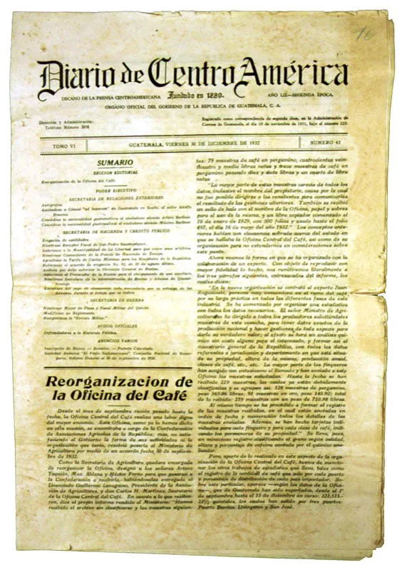 Publicación en el periódico oficial Diario de Centro América sobre la reorganización de la Oficina Central del Café, el 20 de marzo de 1933.