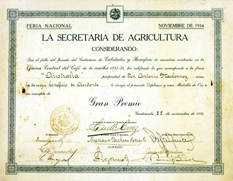 Reconocimiento a la finca Australia, El Tumbador, San Marcos 1934.
 