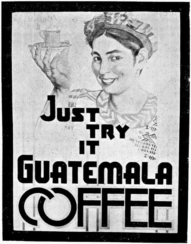 Afiche de la Oficina Central del Caf, que promociona el caf de Guatemala: Just try it, del pintor Alfredo Glvez Surez.
 