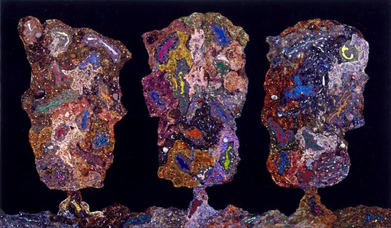 Melchor, Gaspar y Baltasar, 2002.
Técnica mixta sobre lienzo y papeles de holograma, 134 x 195 cm
Tsu Chen Chen