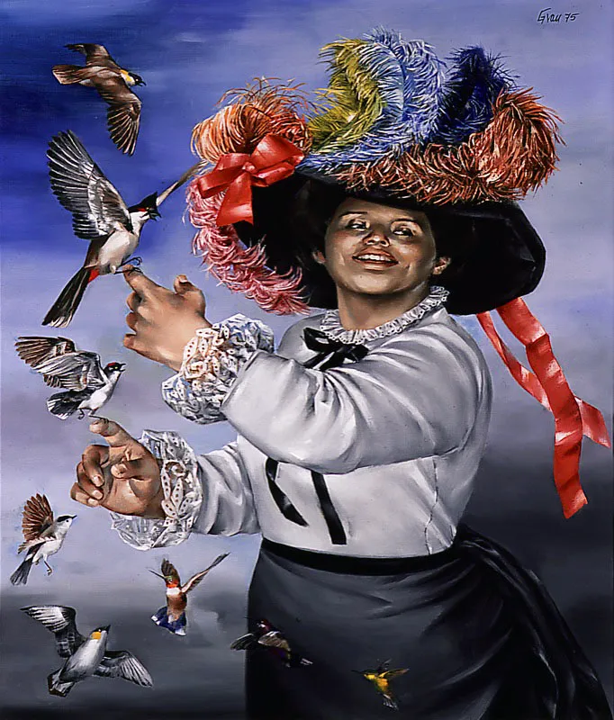 Dama jugando con pjaros. 1975. leo sobre lienzo. 140 x 120 cm 