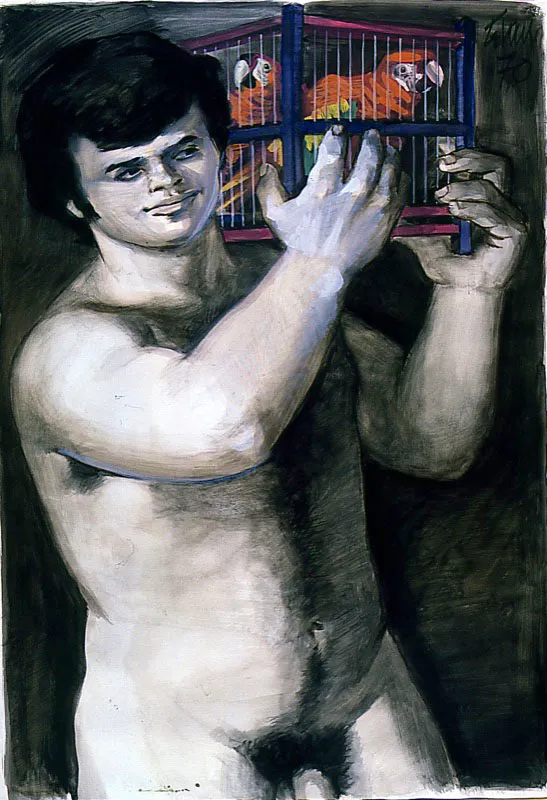 Muchacho con jaula. 1970. Tmpera sobre papel. 100 x 70 cm 