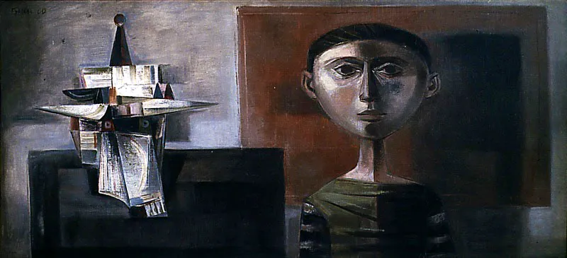 La mscara y el nio. 1960. leo sobre lienzo. 73 x 159 cm 