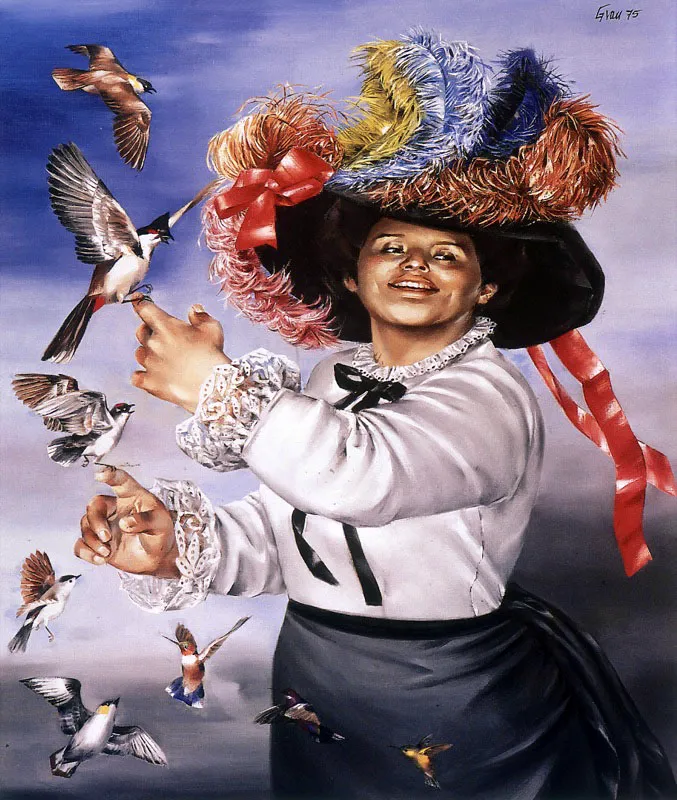 Dama jugando con pjaros. 1975. leo sobre lienzo. 140 x 120 cm 