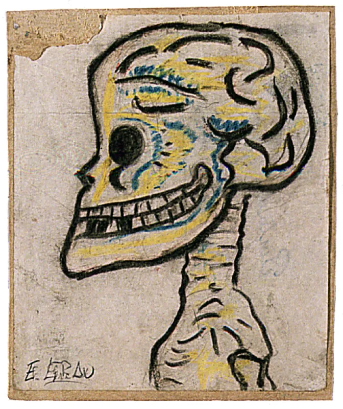 Calavera. 1927. Crayola de color sobre papel. 12 x 10 cm 