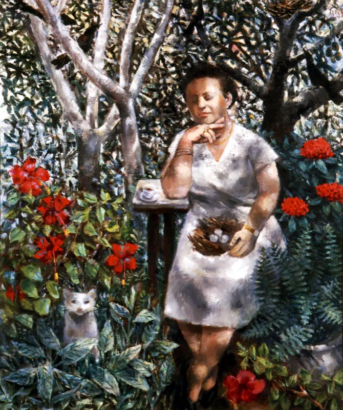 Mara Teresa Grau dormida en su jardn. 1999. leo sobre lienzo. 109 x91 cm 