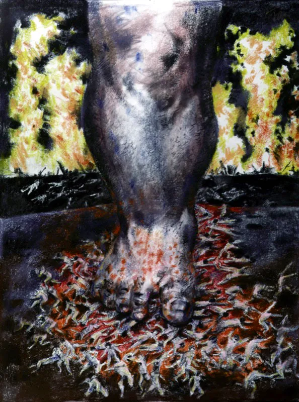 Trptico de la violencia. 2002. Carboncillo y pastel sobre papel. 147 x 110 cm 