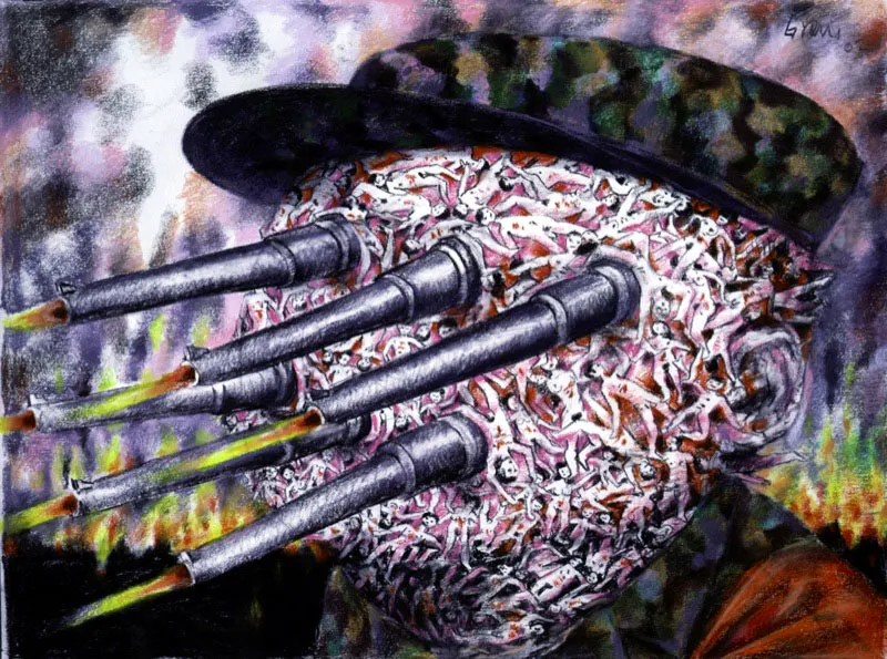 Trptico de la violencia. 2002. Carboncillo y pastel sobre papel. 110 x 147 cm 