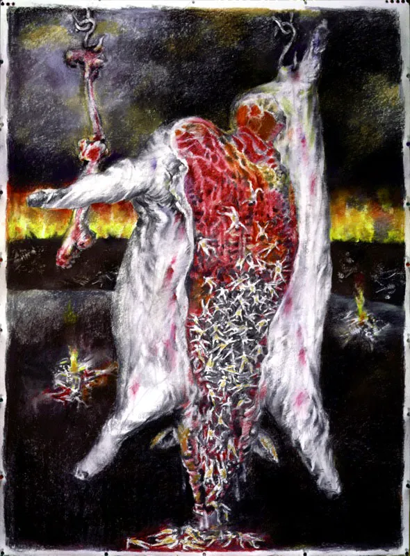 Trptico de la violencia. 2003. Carboncillo y pastel sobre papel. 147 x 110 cm 