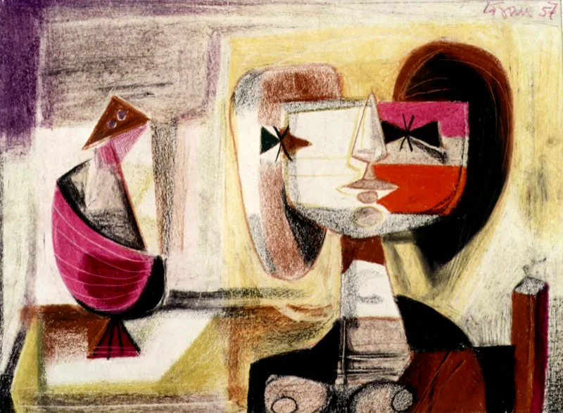 Mujer con pjaro. 1957. Carboncillo y tmpera sobre papel. 50 x 70 cm 