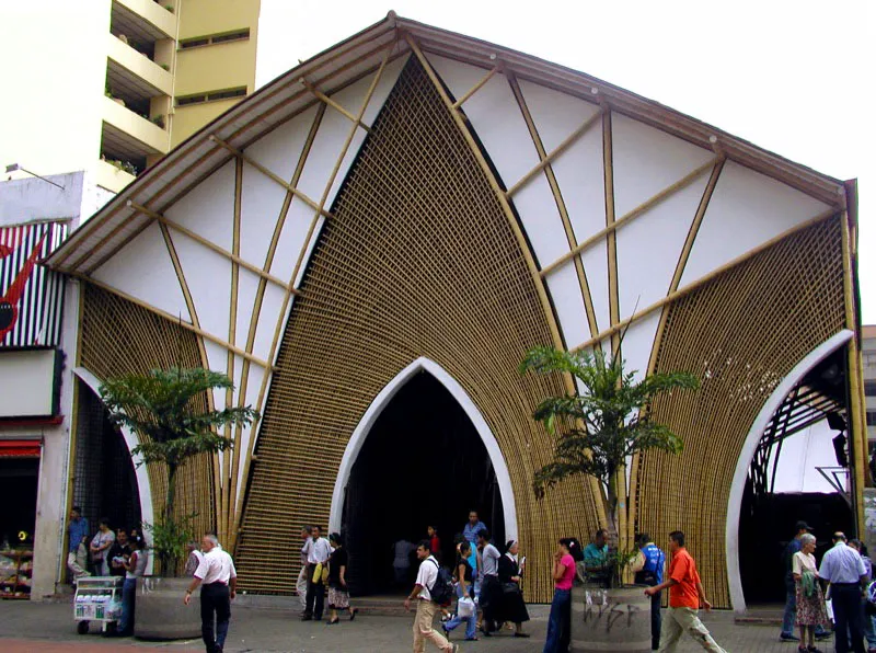 La catedral alterna en guadua, con un área de 700 m2 fue levantada en cinco semanas, con un costo de US $30000.
En su construcción se aprovechó la experiencia de guaduas curvadas obtenida en los invernaderos de Santágueda, Caldas, inspirados, a su vez,
en las bóvedas formadas por los guaduales que bordean los arroyos
de la región.
Pereira, Risaralda, Colombia.