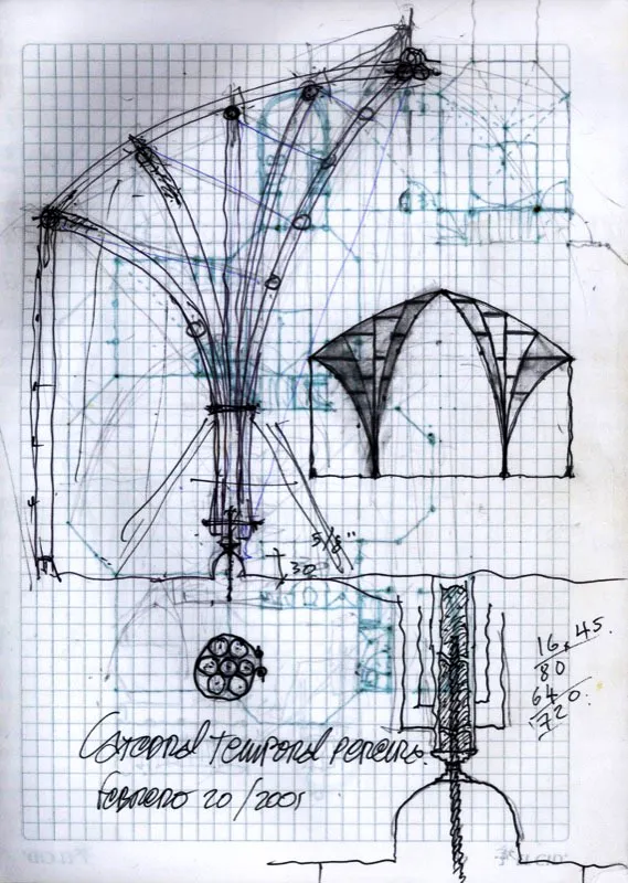 Único dibujo utilizado para dar instrucciones a los obreros y para tramitar la licencia de construcción de esta catedral alterna.
La tiranía burocrática que exige presentar cientos de dibujos inútiles para obtener la aprobación de los proyectos, es la pesadilla que ha obligado a Simón Vélez a trabajar, en muchos casos, como arquitecto rural.