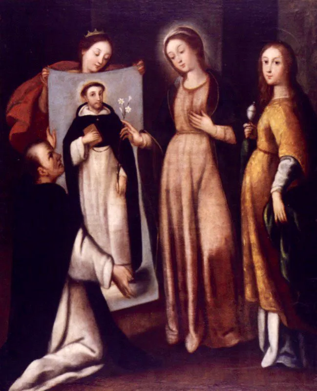 Baltasar  Vargas de Figueroa. Milagro de Soriano, siglo xvii. 
leo sobre lienzo, 100 x 85 cm

Dice la leyenda del milagro de Soriano que el 15 de septiembre de 1530, la Virgen se le apareci al fraile Lorenzo de Grotteria (del convento de Soriano) y le entreg un lienzo con la verdadera imagen de santo Domingo; y que a la noche siguiente, santa Catalina de Siena se apareci a otro fraile y le revel la naturaleza del suceso. 

En esta imagen, Baltasar Vargas de Figueroa (Bogot, 1629-1667), el tercero de la famosa familia de artistas de la Colonia, represent el milagro basndose en la versin que Francisco de Zurbarn haba realizado entre 1626 y 1627. En la escena aparecen santa Catalina de Siena, que sostiene el lienzo, la Virgen y santa Catalina de Alejandra. En su retrato, santo Domingo sostiene un libro en la mano derecha y una azucena en la izquierda. El movimiento de los personajes es delicado, casi imperceptible. La composicin fue resuelta con el uso del claroscuro tpico de Vargas de Figueroa, as como con la usual inocencia de sus rostros femeninos. 