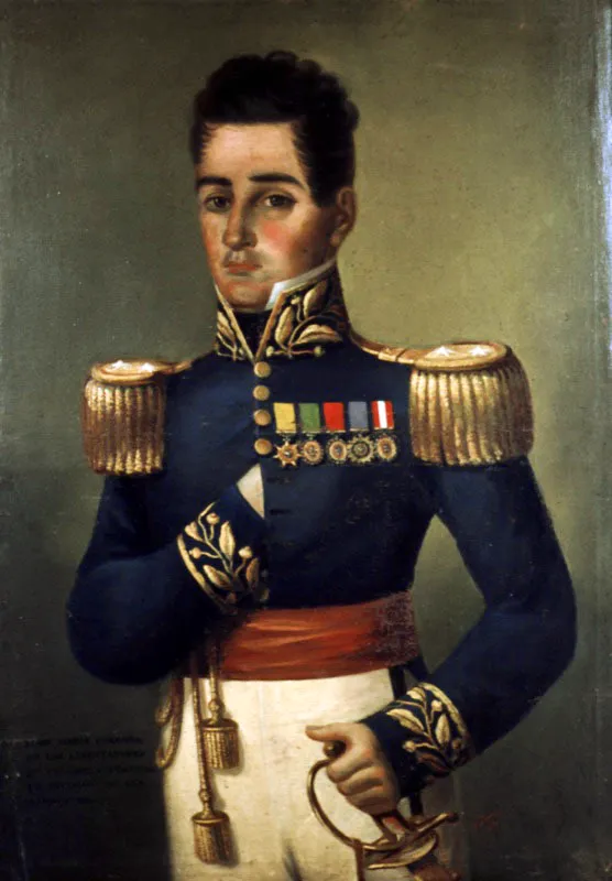 Fermín Isaza. José María Córdoba, 1876.
Óleo sobre lienzo, 85,5 x 61 cm
Fermín Isaza fue un pintor profesional de éxito y músico aficionado. En su época tuvo fama como retratista. Sin embargo, hoy día es más recordado por haber sido, junto con García Hevia, uno de los primeros difusores del invento del daguerrotipo en nuestro país. En 1848 Isaza abrió en Medellín un gabinete donde puso en práctica la técnica de la fotografía.
Este retrato de José María Córdoba muestra las habilidades de Isaza como pintor. El aspecto primordial en la composición es la pincelada casi etérea con que aplica el pigmento, otorgándole una calidad traslúcida y ligera al óleo. El rostro del héroe, asesinado a los treinta años, muestra la calidad de Isaza como retratista, pues nos presenta un rostro veraz con un dibujo suelto. No sucede lo mismo modo con la mano del personaje. La pintura se debate –como sucedió a menudo durante el siglo xix– entre el estilo de corte romántico y el neoclacisista.