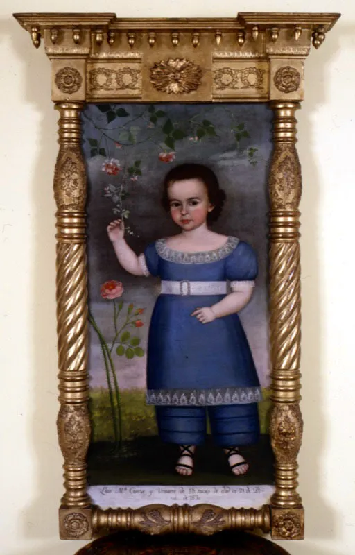 Anónimo. Luis María Cuervo Urisarri, ca. 1830.
Óleo sobre lienzo, 95,5 x 40 cm
Este tipo de pintura refleja el cambio paulatino que empieza a sufrir el arte a partir de los procesos de independencia, y constituye un ejemplo del paso de una pintura de carácter estrictamente religioso a una de índole civil.
También refleja la visión de la infancia inaugurada por el modernismo; visión a partir de la cual la infancia empieza a ser comprendida como una etapa específica en el crecimiento de los sujetos, de modo que el niño deja de ser visto como un adulto pequeño.
De manera consecuente, en retratos como el de este artista anónimo, se empiezan a reflejar aspectos como la ternura o la ingenuidad. Las mejillas sonrosadas, la dulzura del rostro, la particularidad del vestido y, en particular, la relación inocente con elementos frágiles de la naturaleza, como la flor, reflejan esta nueva concepción de lo infantil.