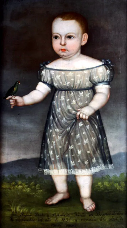 Anónimo. Rafael Pombo, ca. 1834.
Óleo sobre lienzo, 74 x 42 cm
Según la inscripción que reza en la zona inferior del cuadro, el importante escritor y poeta colombiano Rafael Pombo (Bogotá, 1833 - 1912) tenía apenas la edad de nueve meses en el momento en que fue retratado.
Llama la atención, por tanto, la firmeza con que el niño se sostiene en pie, aunque posiblemente la ausencia de calzado corresponde precisamente a su temprana edad. En la imagen, Rafael Pombo aparece con una túnica transparente decorada con pequeñas flores. Vale la pena recordar que, por esta época, no se hacían mayores distinciones entre el vestuario de niños y niñas.
Es importante resaltar la inclusión del paisaje como fondo de la escena, lo cual establece una relación particular entre el concepto de infancia y el de naturaleza. Sobre la mano derecha del niño se posa apaciblemente un ave, acentuando aún más dicha relación.