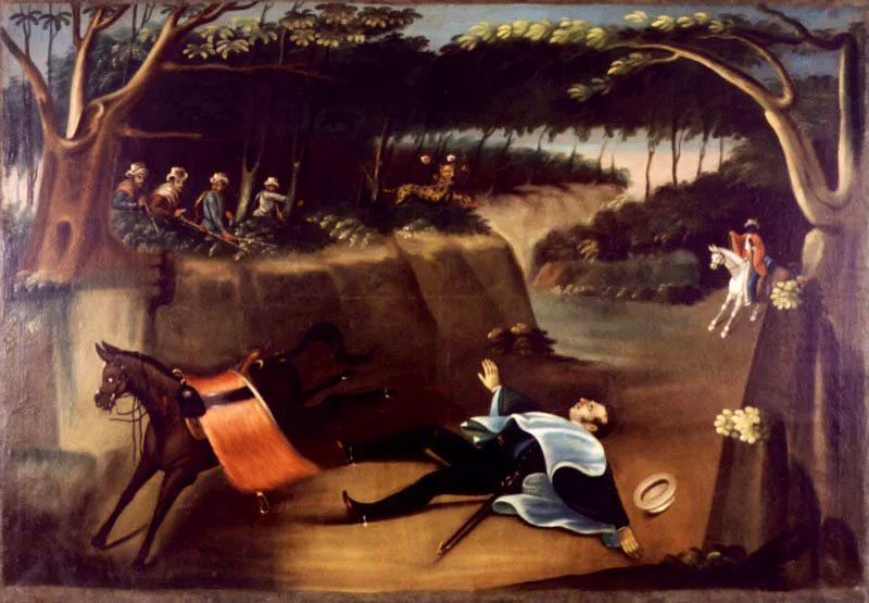 Pedro José Figueroa. La muerte de Sucre, 1835.
Óleo sobre lienzo, 139,5 x 200 cm
El mariscal Sucre fue asesinado el 4 de junio de 1830 en el monte de Berruecos, ubicado en el camino entre Popayán y Pasto. Cinco años después, Pedro José Figueroa (Bogotá, ca. 1770 - 1836) pintó este cuadro donde recapituló lo sucedido. El artista procuró reconstruir el instante preciso en que, herido de muerte, Sucre se desplomó de su cabalgadura. Lo sabemos porque su cuerpo presenta el movimiento que causa impacto contra el suelo. Al costado derecho de la imagen, entre el follaje, se ocultan los hombres, de origen humilde, que le dispararon y, hacia el fondo, aparece su escolta que, sorprendido y abrumado, se ha detenido y levanta los brazos. Además de contar los hechos, Figueroa denuncia al, según su criterio, posible culpable: José María Obando, conocido como “el tigre de Berruecos”. Esto explica la inquietante presencia del felino que, escondido entre la vegetación, se lame una pata, ensangrentada, mientras un halo de flores levita a su alrededor.