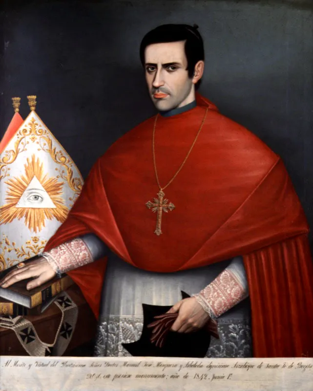 José Miguel Figueroa. Manuel José Mosquera, 1842.
Óleo sobre lienzo, 98 x 81,5 cm
Este retrato del arzobispo Manuel José Mosquera, del pintor José Miguel Figueroa (1800 - 1853) presenta una composición casi idéntica a la de la miniatura que José María Espinosa realizó aproximadamente en el año 1840. No es difícil reconocer en esta pintura un retrato de carácter psicológico.
A través de una expresión tanto grave como serena, este retrato nos proyecta al arzobispo Mosquera como un hombre de voluntad férrea. Su mirada penetrante se dirige ineludiblemente al observador, reforzando el aspecto integral de autoridad que emana del personaje, característica que se explicita mediante el gesto de su mano derecha, que reposa con firmeza sobre las Sagradas Escrituras.
Desde el punto de vista cromático, el cuadro es dominado por una equilibrada relación entre el rojo saturado de las vestiduras del arzobispo y el apacible verde oscuro del fondo.