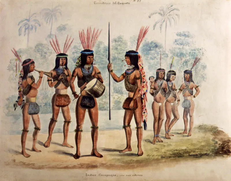 Manuel María Paz. Indios coreguajes con sus adornos, 1857.
Acuarela sobre papel, 40 x 24 cm
A través de mapas, diarios, imágenes, la Comisión Corográfica se dio a la tarea de divulgar la diversidad natural y cultural del territorio colombiano. Por ello, las imágenes elaboradas por Carmelo Fernández, Enrique Price o Manuel María Paz son de invaluable riqueza documental, además de poseer determinados valores plásticos. Por la naturaleza del proyecto, los pintores de la comisión procuraron transmitir una mirada transparente de los paisajes y sujetos presentados en sus imágenes.
Esta imagen de Manuel María Paz (Almaguer, Cauca, 1820 - Bogotá, 1902) único pintor colombiano de la comisión, que además fue cartógrafo, nos muestra a un grupo de indios coreguaje (koreguaxe), habitantes de las riberas del río Caquetá, en medio de una celebración. De ahí el énfasis en los adornos, que Paz incluye en el título. En la imagen no solo se describe el atuendo y la actividad de los personajes sino que se pone en evidencia su correlación con el paisaje.