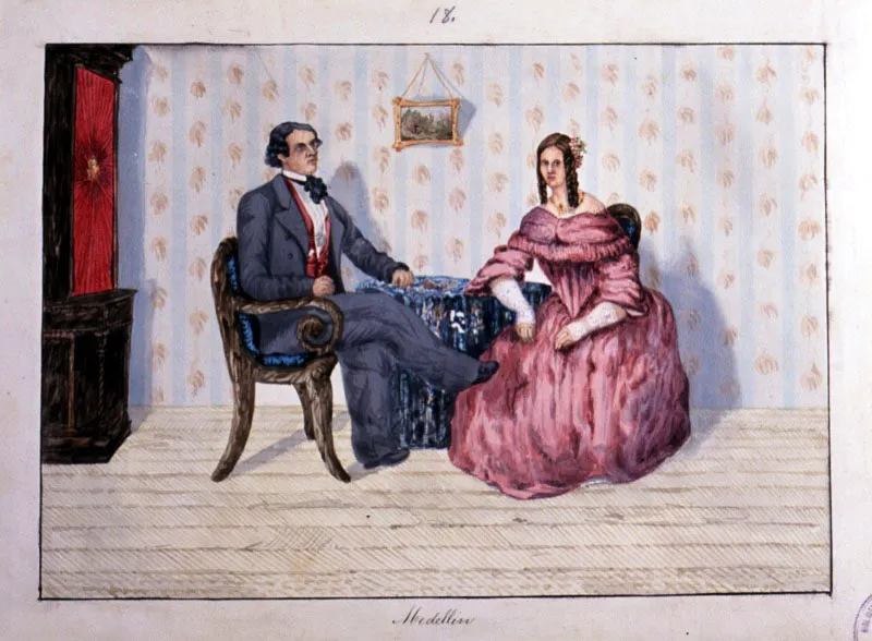 Enrique Price. Medellín, 1852.
Acuarela sobre papel, 29 x 21 cm
Enrique Price (Londres, 1819 - Brooklyn, 1863) arribó a Colombia contratado como contador y mercader por la casa de comercio David Castello, de Bogotá. Allí sus actividades fueron interrumpidas por la propuesta de Agustín Codazzi para que se uniera a la Comisión Corográfica. Como buena parte de la burguesía británica de la época, Price había tomado cursos de acuarela. Sin embargo, Price no era un buen dibujante. Sus figuras eran duras y con errores anatómicos. Otra cosa era su tratamiento del paisaje, que revelaba un excelente manejo de la técnica. Pero, Price era un buen observador y, pese a los errores señalados, sus figuras estaban dotadas de un carácter definido y veraz.
Medellín, muestra una pareja de la alta sociedad paisa, evidente tanto en la indumentaria y acicalamiento de los personajes como en el mobiliario y el papel tapiz que decora las paredes; elementos que revelan el gusto de la época.