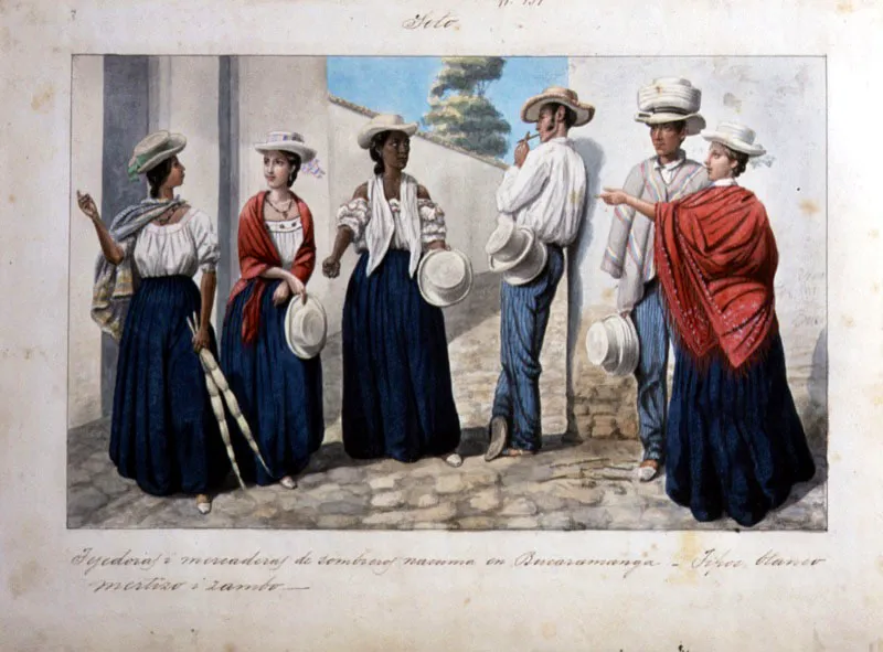 Carmelo Fernández. Tejedoras y mercaderas de sombreros nacuma en Bucaramanga, 1850.
Acuarela sobre papel, 20 x 28 cm
Las características de las obras de Carmelo Fernández (Guama, Venezuela, 1810 -Caracas, 1887) lo definen, ante todo, como un excelente miniaturista y retratista.
Esta imagen de las tejedoras y mercaderas forma parte del trabajo que Fernández realizó en el marco de las actividades de la Comisión Corográfica, en la que participó entre 1851 y 1852.
De una parte, la imagen refleja el interés característico de la comisión por documentar los elementos locales tanto de paisaje y entorno como de tipos y rutinas de sus habitantes. De otra parte, nos permite apreciar los rasgos característicos de las obras de Fernández en la confección detallada de los retratos de cada uno de los caracteres en la escena, sus vestidos y sus objetos.
Es notable la actitud desenvuelta que el artista imprime a estos personajes, en particular a la figura del hombre que fuma tabaco hacia el centro de la escena.