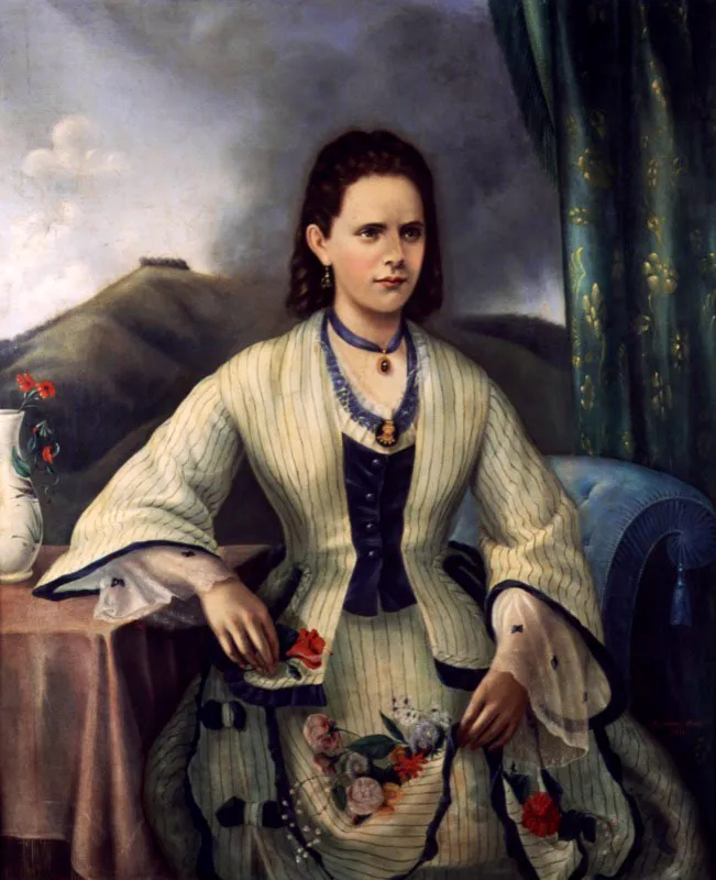 Domingo Gutiérrez Acosta. Carolina Samper, 1874.
Óleo sobre lienzo, 138 x 118 cm
La principal peculiaridad de este retrato es la inclusión de un paisaje como fondo, porque sólo a fines del siglo xix se concibió en Colombia la posibilidad de trabajar el paisaje como género independiente. Aunque el paisaje de este cuadro no alcanza a integrarse de manera activa con el retrato, su presencia se justifica al estudiar su composición. En el primer plano aparece Carolina Samper, quien sostiene con la mano izquierda el extremo de su falda para formar la oquedad donde reposa un ramo de flores, de las que ella sostiene una con la otra mano. Esta posición, poco natural, revela la intención narrativa de Domingo Gutiérrez. Queda claro que la joven salió a recoger las flores al ejido que se abre tras su figura. Sin embargo, la mirada lejana de la joven y cierta rigidez de su cuerpo hacen que la escena resulte bastante artificiosa. No obstante, el retrato denota un exigente ejercicio de observación y, pese a su rigidez, la imagen expresa una innegable fuerza temperamental.