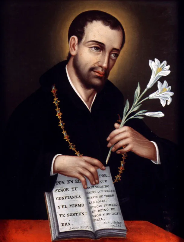 José Santos Figueroa. San Francisco Javier, sf.
Óleo sobre lienzo, 59 x 40 cm
El análisis de las obras de la familia Figueroa revela los cambios profundos que sufrió el arte a raíz de la independencia y los nuevos valores culturales derivados de ella.
Empezando por la herencia familiar del oficio de pintor, que acusa una pervivencia de estructuras medievales en el mundo artístico colombiano, hasta la transición de imágenes religiosas a imágenes seculares e incluso históricas y militares. Los Figueroa pintaban por encargo, por eso sus cambios de estilo y tema son sintomáticos de los cambios en su sociedad. José Santos Figueroa (fallecido en la última década del siglo xix) fue el menor de la familia. Aunque incursionó en la ilustración y la miniatura, esta es una imagen religiosa, la de san Francisco Javier.
Definida con el claroscuro típico de la pintura colonial, la figura del santo sostiene en sus manos las sagradas escrituras y una azucena, símbolo de pureza y castidad. El trabajo del rostro acusa las habilidades que desarrolló Santos Figueroa en la confección de retratos.