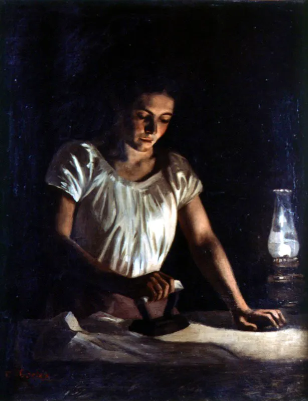 Dionisio Cortés. La planchadora, sf.
Óleo sobre lienzo, 120 x 97 cm
Dionisio Cortés (Chiquinquirá, 1863 - Bogotá, 1934) formó parte de la generación que, en el tránsito entre el siglo xix y el xx, marcó la entrada definitiva del academicismo a nuestro país. Obras como El reposo revelan la adopción del gusto y el oficio académico. Sin embargo, Cortés es más conocido por su labor como escultor. A lo largo de su vida realizó bustos de algunos personajes de la vida política nacional y algunas obras conmemorativas, como su versión de Policarpa Salavarrieta, que se encuentra en el barrio de Las Aguas. Desafortunadamente, buena parte de su obra ha desaparecido y la falta de interés en ella lo mantuvo en el olvido por décadas.
La planchadora es una obra realmente especial, definida a partir de un foco único de luz: una lámpara de petróleo en el extremo de la mesa. La penumbra, propia del espacio cerrado, confiere intimidad a la escena. De igual modo, el gesto introspectivo de la mujer, brinda al espectador la sensación de estar espiando, sin ser visto.