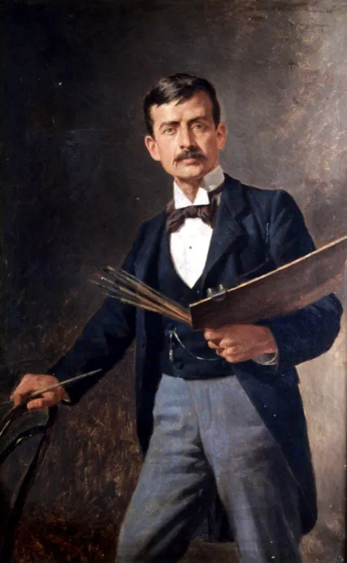 Ricardo Acevedo Bernal. Retrato de Francisco A. Cano, 1917.
Óleo sobre lienzo, 73,5 x 46 cm
Para 1917, fecha en que Ricardo Acevedo Bernal (Bogotá, 1867 - Roma, 1930) realiza este retrato, Francisco Antonio Cano tenía ya 52 años. No obstante, el Cano aquí retratado aparece joven, impresión reforzada por el dinamismo de su actividad. Es probable que Acevedo Bernal se haya basado en una fotografía para decidir la composición de la obra, que no deja de ser artificiosa. En un plano abierto, Cano, que aparece interpelando al espectador con mirada fija, sostiene varios pinceles y una paleta en su mano izquierda, mientras que la derecha reposa sobre una silla.
Este no es un retrato común en la producción de Acevedo, cuyas composiciones suelen enfocarse en primeros planos, de alguna manera intimistas, y cuyo tratamiento del color es generalmente más atrevido, con una clara influencia de Sorolla, a quien conoció en Europa. Esas imágenes le valieron el reconocimiento como uno de los principales retratistas de las primeras décadas del siglo xx.
