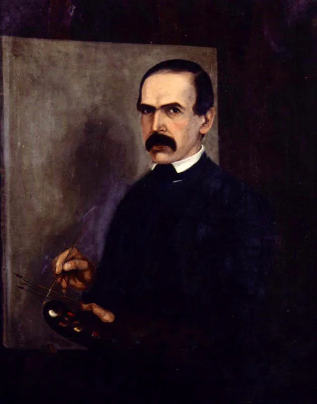 Manuel Dositeo Carvajal. Autorretrato, sf.
Óleo sobre lienzo, 105 x 86 cm
El antioqueño Manuel Dositeo Carvajal (Rionegro, Antioquia, 1818 - Bogotá, 1872) se destacó como un excelente dibujante y sus primeras apariciones en el panorama artístico colombiano son precisamente como profesor de dibujo en varias academias. En 1859 publicó un estudio sobre Elementos de geometría aplicados al dibujo, que tuvo varias reimpresiones. Sólo en el año de 1870 se sabe de su obra pictórica, principalmente por algunos retratos de José María Obando, su cuñado. En 1886 participó en el Salón de Bellas Artes con tres retratos, de influencia académica. Este autorretrato, probablemente tardío, presenta al pintor en su estudio, austero y sobrio, mirando con severidad hacia el espectador; en su mano izquierda sostiene la paleta y con la derecha parece a punto de aplicar óleo sobre alguna tela. Es claro que Carvajal se ha valido de un espejo para realizar esta pintura, lo que le confiere mayor verosimilitud y fuerza que a los retratos realizados a partir de fotografías.