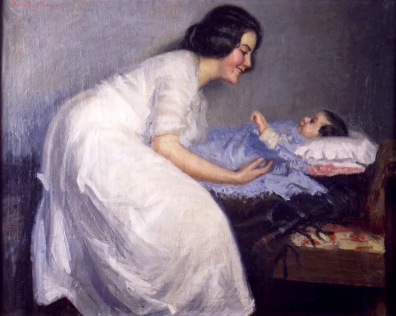 Roberto Pizano. La madre, 1920.
Óleo sobre lienzo, 61 x 79 cm
Aunque los cuadros de la vida cotidiana, no costumbristas, sólo empezaron a aparecer de manera frecuente en Colombia a partir de los años veinte del pasado siglo, Roberto Pizano (1896 - 1929) trabaja en esta pintura el motivo de la maternidad, popularizado años atrás en Francia por los impresionistas. Pero, no solo el tema, también el uso ágil de la técnica del óleo, la pincelada suelta y las formas indefinidas lo relacionan con la escuela francesa en cuestión.
En este cuadro se alcanza a percibir cierto movimiento en el brazo del niño y a anticiparse el subsiguiente contacto con la mano de la madre. La obra tiene un interesante dinamismo cromático, teniendo en cuenta la restringida paleta que en ella utiliza el artista.
Pizano murió muy joven, a los 33 años. Sin embargo, su obra es una de las más prolíficas e importantes de la primera mitad del siglo xx colombiano.