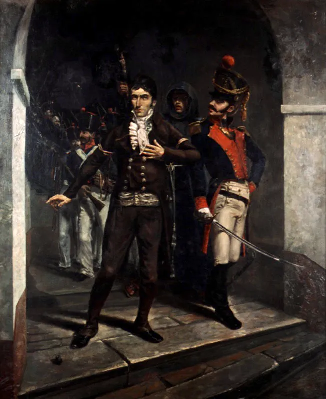 Alberto Urdaneta. Caldas marcha al suplicio, ca. 1880.
Óleo sobre lienzo, 120 x 98 cm
Alberto Urdaneta (Bogotá, 1845 - 1887) es un paradigma en el arte colombiano. Aunque no se dedicó exclusivamente a la plástica, su legado en dicho campo no tiene parangón. Entre sus obras se destaca la creación del Papel Periódico Ilustrado, en torno al cual se dio un trabajo sin precedentes en artes gráficas, y la fundación de la Escuela de Bellas Artes, que capitalizó la incursión de la academia en el panorama artístico nacional. Usó la ilustración y la caricatura para expresar sus ideas políticas.
Este cuadro revela el carácter romántico del pintor. En él se conjuga el sentimiento nacionalista con la exaltación del valor y la dignidad del héroe. La pintura revela buen conocimiento de los postulados académicos. La figura de Caldas se aísla mediante la iluminación y la conmoción plasmada en sus gestos. El elemento formal reitera el patetismo de quien avanza sin remedio hacia la muerte, conservando, no obstante, su sobriedad al comprender la dimensión épica de su partida.