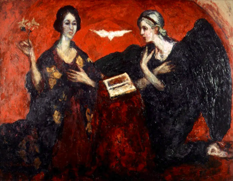 Andrs de Santa Mara. La anunciacin, 1922-1934. 
leo sobre lienzo, 131 x 172 cm

Andrs de Santa Mara es considerado el precursor del arte moderno en el pas. Sus leos poseen una expresividad apasionantes, gracias a la sabia composicin cromtica y a la densidad nica de sus empastes. En temas religiosos como ste, conjuga todos los rasgos de su pintura para conseguir una imagen realmente sobrecogedora. 

En La anunciacin, la materia de las figuras y el espacio circundante parecen confundirse, como si emergieran uno del otro simultneamente, dando una dimensin inquietante a la escena. A su vez, el gran contraste entre los trajes oscuros de los personajes y el rojo vibrante del fondo otorga fuerza a la composicin. 

Los gestos son reflejo de una conmocin profunda y las miradas del ngel y la Virgen, que no llegan a tocarse, reiteran el carcter mstico del encuentro. En cada una de las figuras se concentra una potencialidad expresiva propia y, al final, lo nico visible es la pintura, es decir, la voluntad creadora de Santa Mara.  