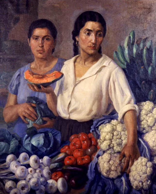 Miguel Daz Vargas. En el mercado, sf. 
leo sobre lienzo, 125 x 105 cm

Daz Vargas (Rionegro, 1818 - 1872) perteneci a la llamada generacin del centenario, activa a partir de 1920, y congregada alrededor de la Academia de Bellas Artes de Bogot. Adscrito al crculo oficial de artistas, fue profesor en Madrid por algunos aos y luego, en Bogot, ocup varios cargos burocrticos. 

En el ejercicio de su oficio se dedic a los cuadros de costumbres, retratos de campesinos y promeseros y, con gran aplicacin, a las naturalezas muertas. 
En esta obra, con la que el artista alcanz el primer lugar en el Saln Nacional de Artistas de 1944, todos estos motivos resultan evidentes. En el retrato de las dos mujeres campesinas, rodeadas por los productos de la cosecha, la mujer del primer plano sostiene, con la mano levantada, un trozo de sanda, cuyo color vivo establece un contraste con los dems elementos cromticos, creando una tensin diagonal en la composicin. 