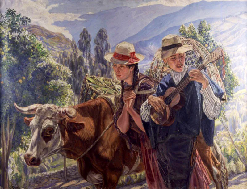 Eugenio Zerda. Camino al mercado, ca. 1926. 
leo sobre lienzo, 105 x 140 cm

Eugenio Zerda (Bogot, 1878 - 1945) fue alumno de Andrs de Santa Mara y realiz varios viajes a Europa, en donde se familiariz con la tcnica de los impresionistas, en especial con su particular manera de pintar la luz.
Sin embargo, a su regreso a Colombia, Eugenio Zerda se empez a interesar cada vez ms en las estampas y motivos campesinos y rurales. Y fue en este campo donde demostr sus excelentes dotes como dibujante.
 
Esta doble influencia se hace patente en esta obra, Camino al mercado, pintada con una particular tcnica impresionista, aunque con un dibujo bien definido y algunos contrastes bastante fuertes de luz.
 
Este tipo de visin idealizada del campesino, de su indumentaria y del paisaje mismo que lo rodea, constituye una constante identificable en la visin acadmica de la plstica de primera mitad del siglo xx en el pas.  