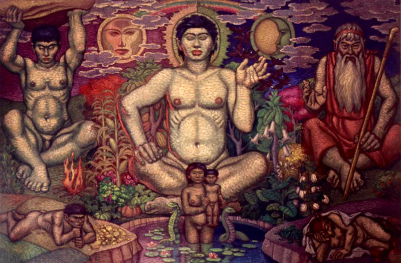 Luis Alberto Acua. Retablo de los dioses tulienzores de los chibchas, ca. 1935. 
leo sobre madera, 200 x 300 cm

Fue a travs de la vertiente indigenista que el arte moderno encontr lugar en Colombia. La admiracin por la obra de los muralistas mexicanos, marc la produccin de nuestros jvenes artistas de la primera mitad del siglo pasado, al tiempo que limit las posibilidades creativas para muchos de ellos. Luis Alberto Acua (Suaita, Santander, 1904 - Tunja, 1984) dedic buena parte de su produccin a exaltar las culturas vernculas, abordando la traduccin a lo visual de leyendas chibchas conocidas, como las de Bochica o Bachu. Sus recreaciones del mundo indgena evidencian la distancia que lo separaba de l. Sus murales y pinturas de gran formato revelan, como en este caso, una idealizacin exacerbada por el muralismo y el simbolismo.  Debe rescatarse, sin embargo, la preocupacin por la plstica que funcion como norte en la labor de Acua. No deja uno de preguntarse qu rumbo habra tomado su obra de no haberse circunscrito a la corriente indigenista. 